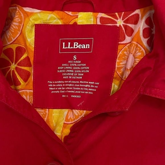 L.L Bean Red Trench Coat with Hood Fully Lined in Citrus 🍊 Pattern Size S - Picture 13 of 14